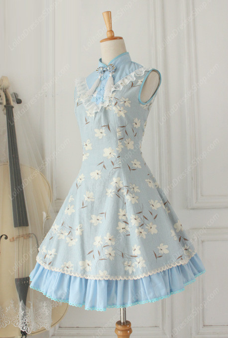 Lolita Cotton Vintage Chinese orchid Flounced Stand Collar OP Dress