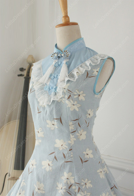 Lolita Cotton Vintage Chinese orchid Flounced Stand Collar OP Dress