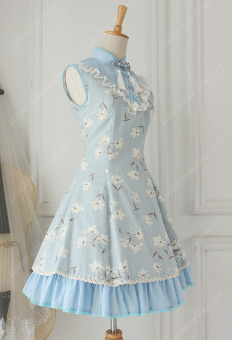 Lolita Cotton Vintage Chinese orchid Flounced Stand Collar OP Dress