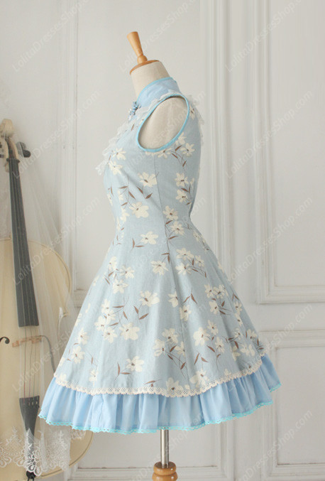 Lolita Cotton Vintage Chinese orchid Flounced Stand Collar OP Dress