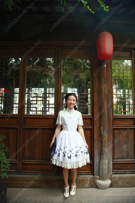 Lolita Cotton Vintage Chinese Butterfly Flounced Stand Collar OP Dress