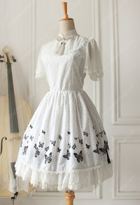 Lolita Cotton Vintage Chinese Butterfly Flounced Stand Collar OP Dress