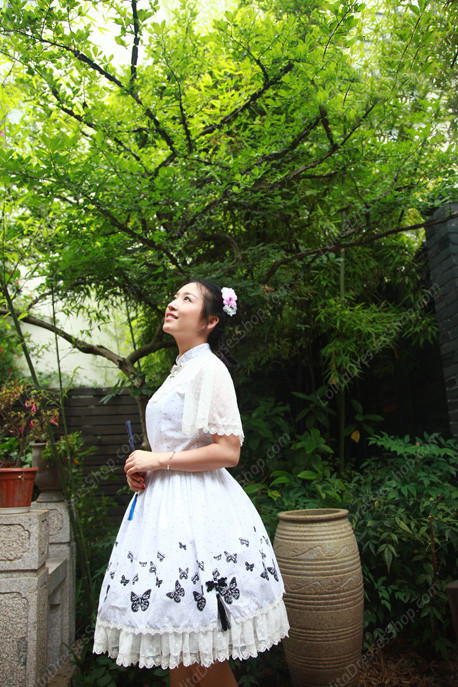 Lolita Cotton Vintage Chinese Butterfly Flounced Stand Collar OP Dress