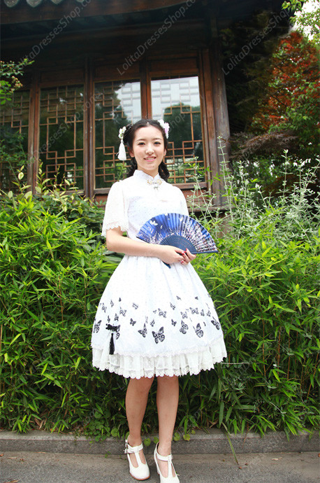 Lolita Cotton Vintage Chinese Butterfly Flounced Stand Collar OP Dress