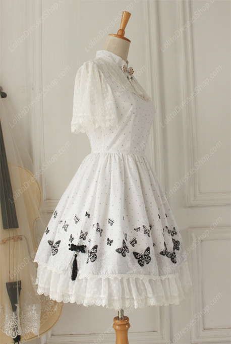 Lolita Cotton Vintage Chinese Butterfly Flounced Stand Collar OP Dress