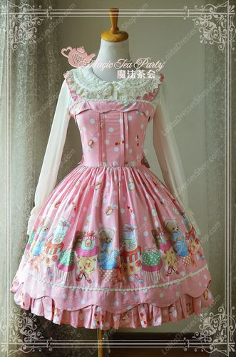 Sweet Bear Print Knot Lace Cotton Magic Tea Party Lolita Dress