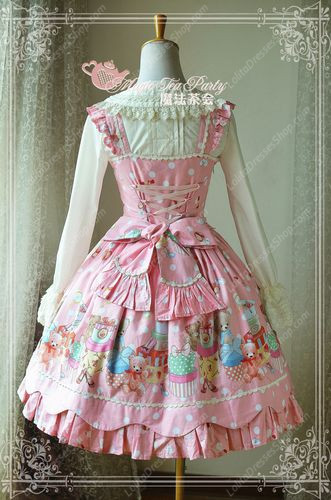 Sweet Bear Print Knot Lace Cotton Magic Tea Party Lolita Dress