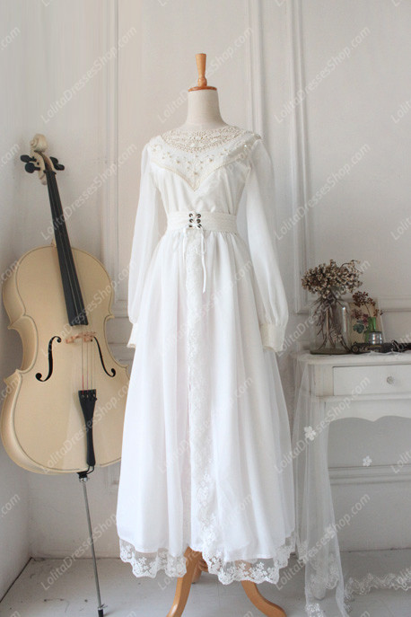 Downton Abbey Vintage White Lace cardigan Front Gothic Lolita Long Dress