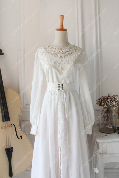 Downton Abbey Vintage White Lace cardigan Front Gothic Lolita Long Dress