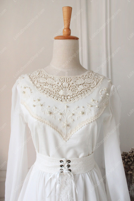 Downton Abbey Vintage White Lace cardigan Front Gothic Lolita Long Dress