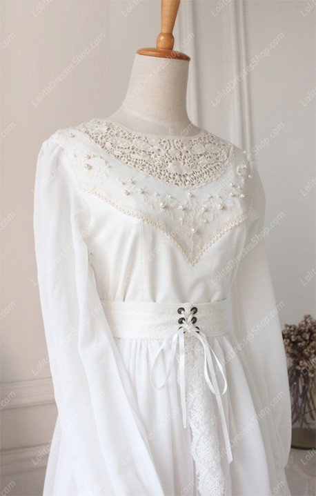 Downton Abbey Vintage White Lace cardigan Front Gothic Lolita Long Dress