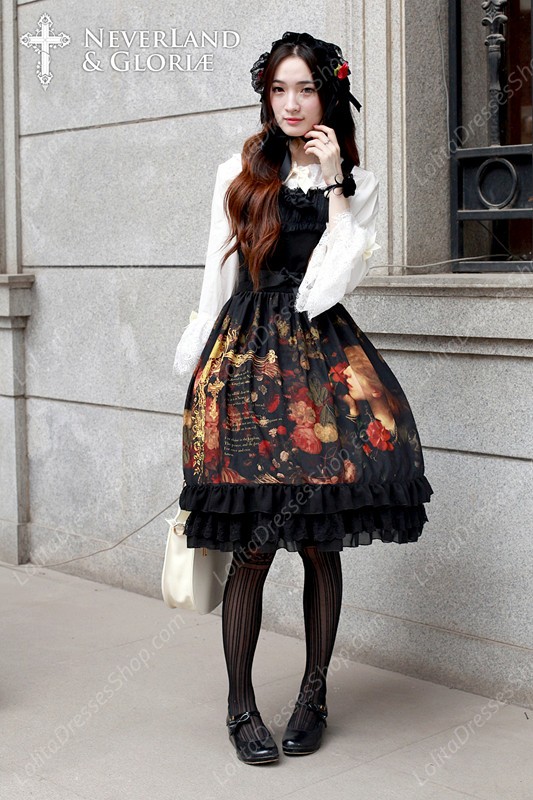 Sweet Choosing Flower Girl Souffle Song Lolita Painting Style Retro Printing Pattern Dress JSK