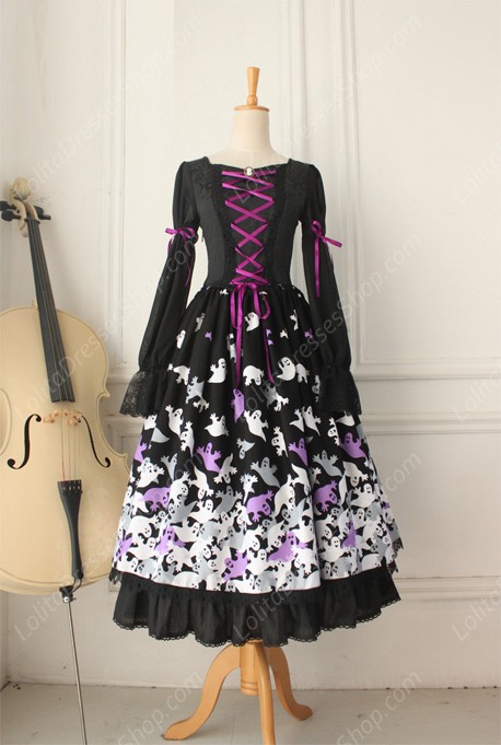 Vintage Lace Floral Ghost Print Long Gothic Lolita Dresses