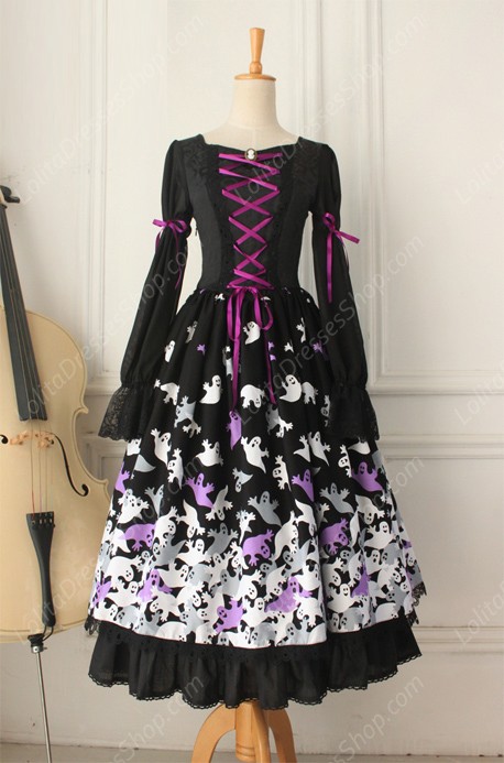 Vintage Lace Floral Ghost Print Long Gothic Lolita Dresses