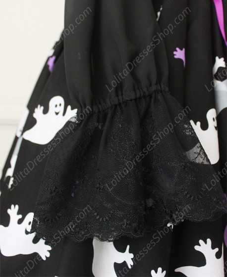 Vintage Lace Floral Ghost Print Long Gothic Lolita Dresses