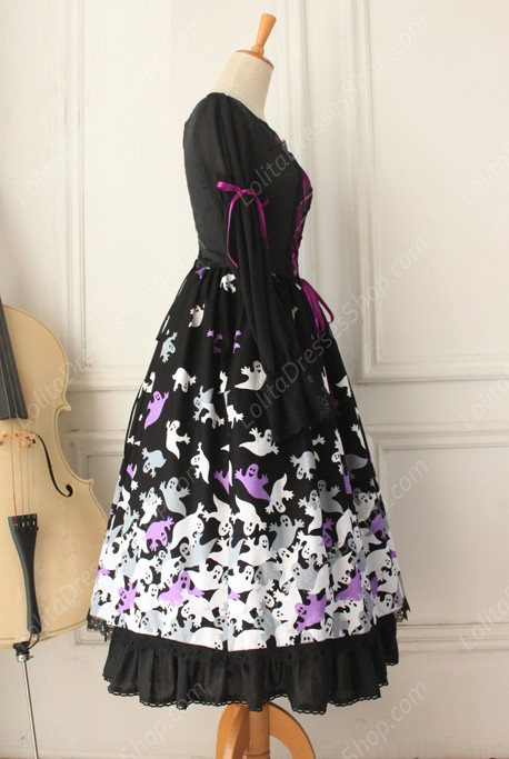 Vintage Lace Floral Ghost Print Long Gothic Lolita Dresses