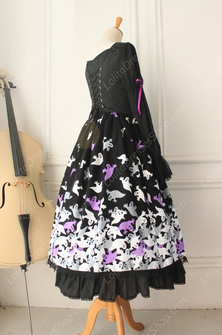 Vintage Lace Floral Ghost Print Long Gothic Lolita Dresses