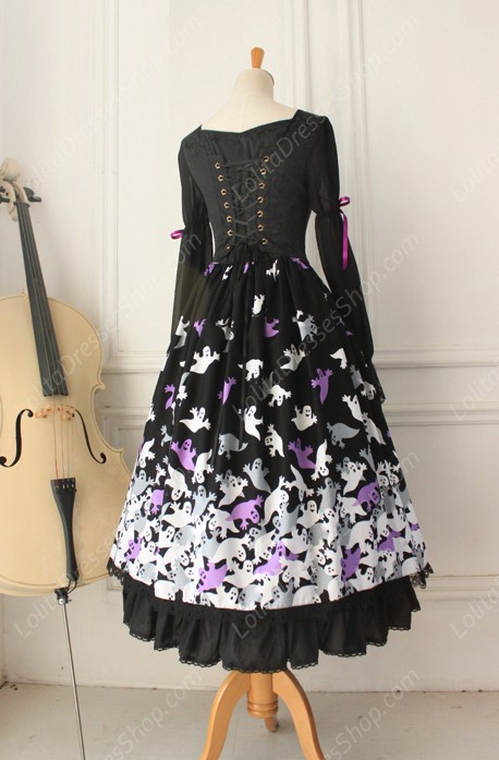 Vintage Lace Floral Ghost Print Long Gothic Lolita Dresses