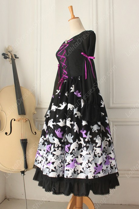 Vintage Lace Floral Ghost Print Long Gothic Lolita Dresses
