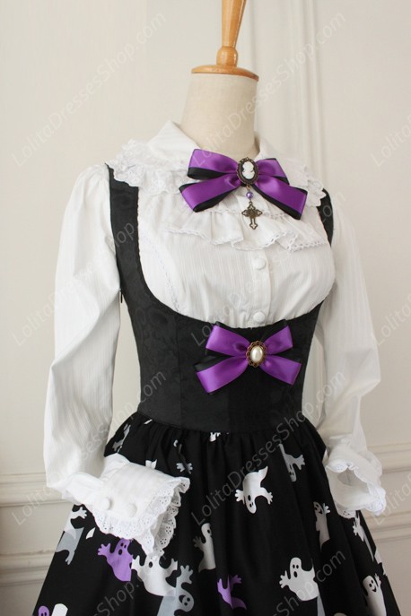 Vintage Breast Care Lace Ghost Print Bow Gothic Lolita Dresses