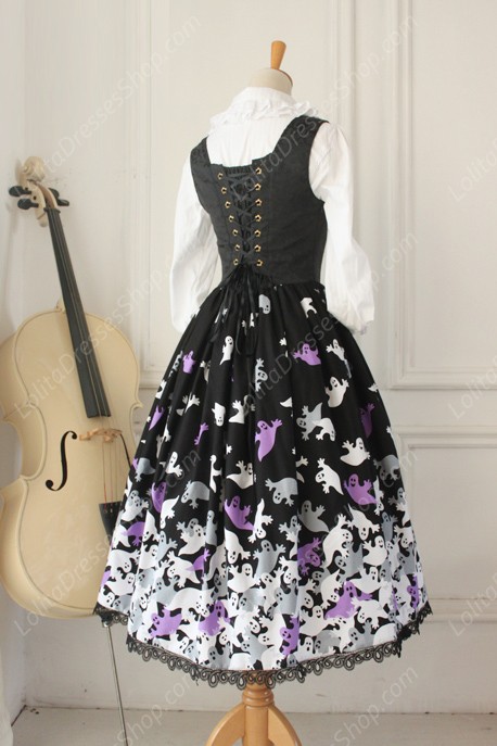 Vintage Breast Care Lace Ghost Print Bow Gothic Lolita Dresses