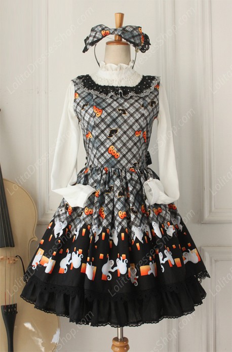 Vintage Ruffles Halloween Ghost Print Lolita Vest Dresses