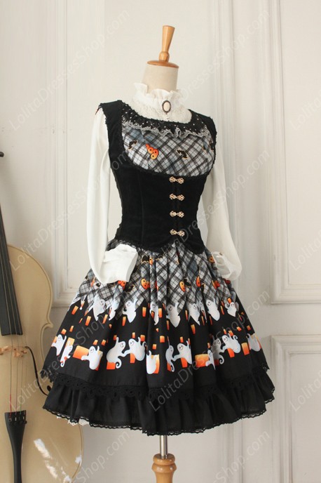 Vintage Ruffles Halloween Ghost Print Lolita Vest Dresses