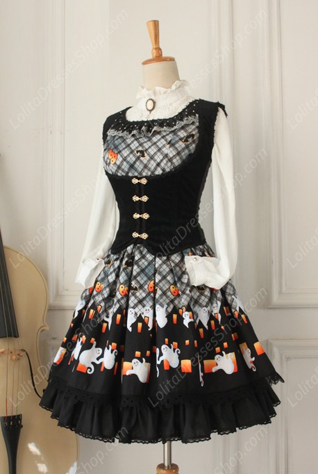 Vintage Ruffles Halloween Ghost Print Lolita Vest Dresses