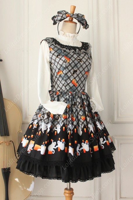 Vintage Ruffles Halloween Ghost Print Lolita Vest Dresses