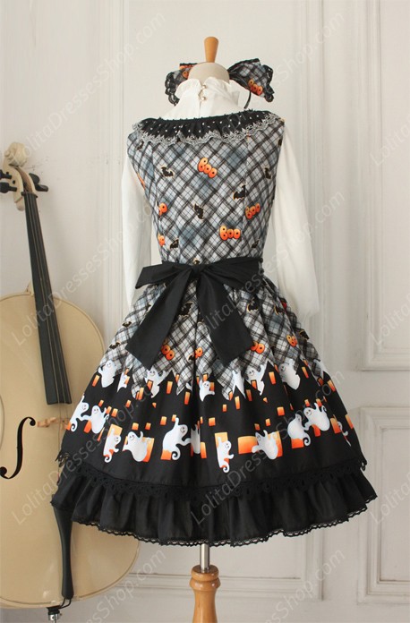 Vintage Ruffles Halloween Ghost Print Lolita Vest Dresses