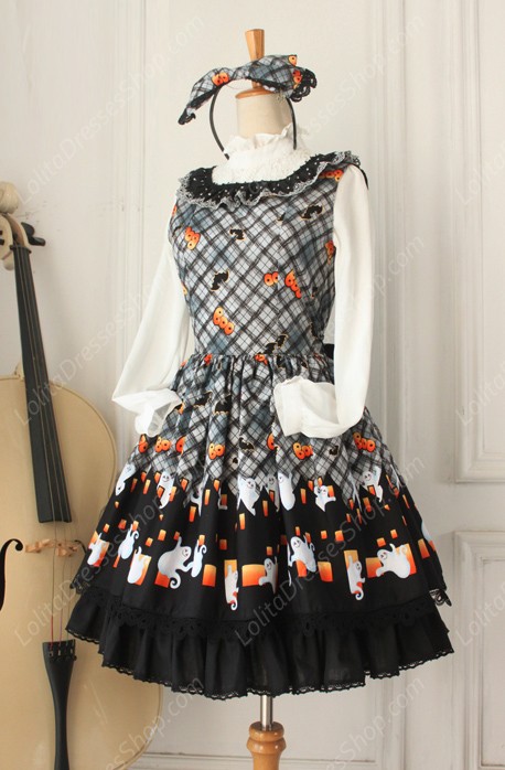 Vintage Ruffles Halloween Ghost Print Lolita Vest Dresses