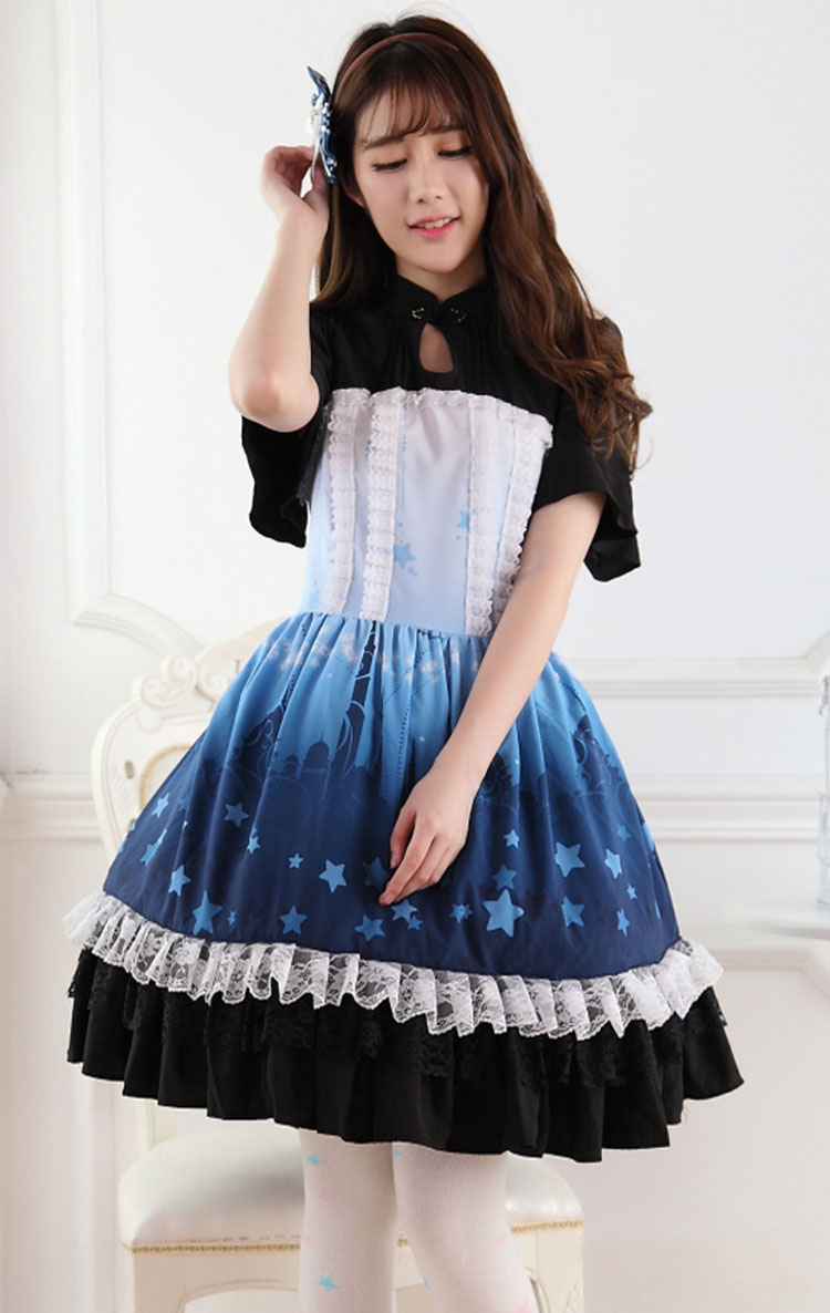 Sweet Lace Blue Gradient Aladdin\'s Castle Princess Print Sweet Lolita Dress JSK