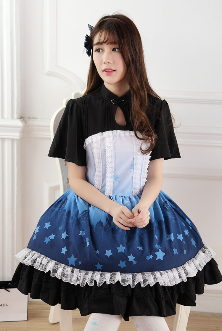 Sweet Lace Blue Gradient Aladdin\'s Castle Princess Print Sweet Lolita Dress JSK