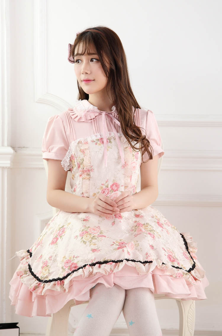 Sweet Lace Noble Ladies Pink Rose Print Sweet Lolita Dress JSK