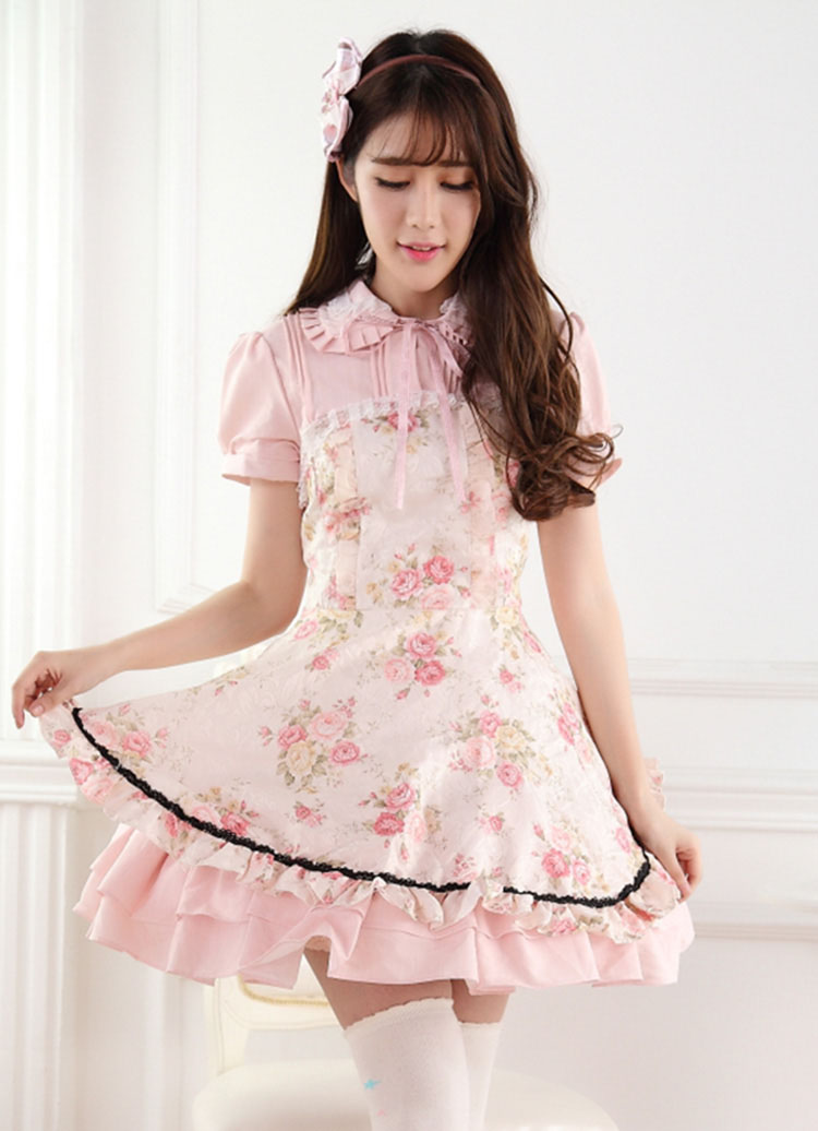 Sweet Lace Noble Ladies Pink Rose Print Sweet Lolita Dress JSK