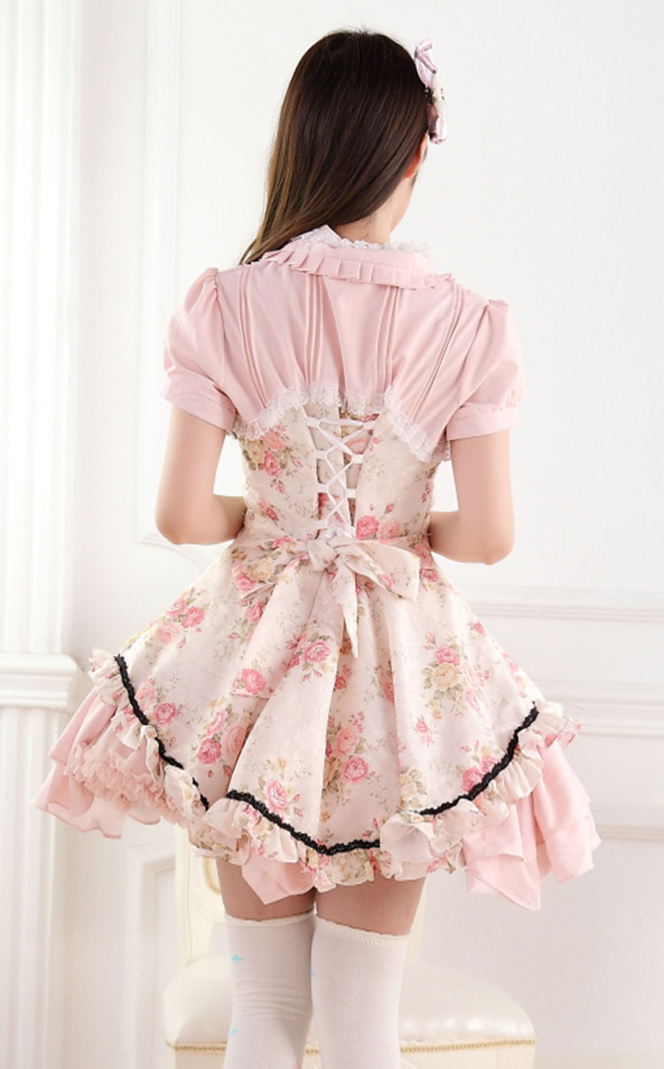 Sweet Lace Noble Ladies Pink Rose Print Sweet Lolita Dress JSK