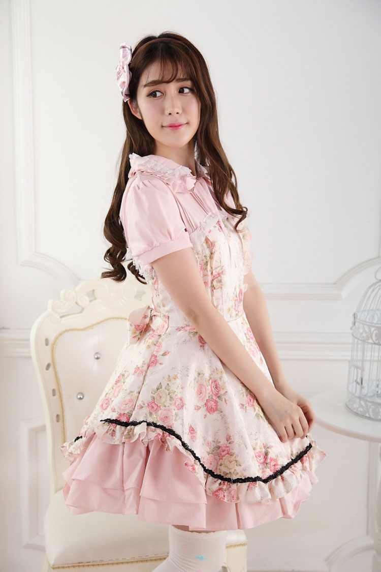 Sweet Lace Noble Ladies Pink Rose Print Sweet Lolita Dress JSK