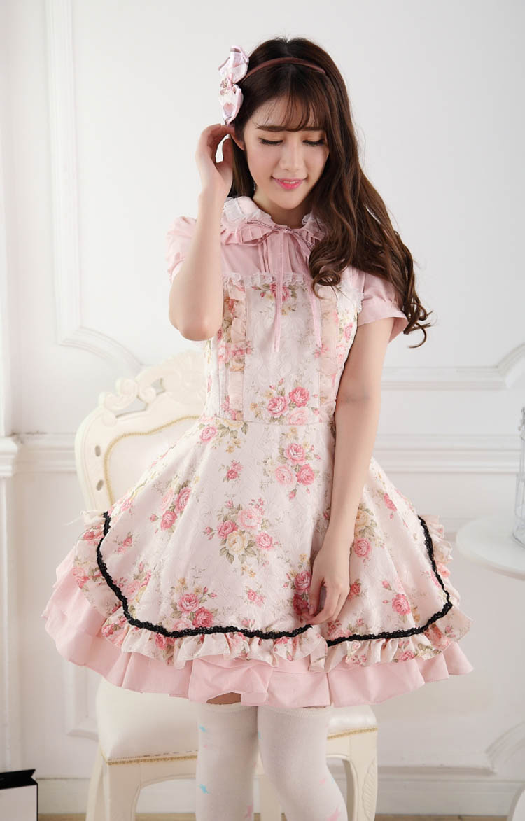 Sweet Lace Noble Ladies Pink Rose Print Sweet Lolita Dress JSK