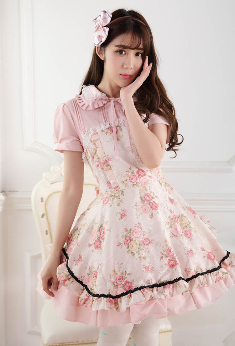 Sweet Lace Noble Ladies Pink Rose Print Sweet Lolita Dress JSK