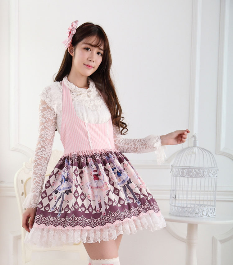 Sweet Lace Print Pink Rose High Waist Twins Sweet Lolita Dress JSK