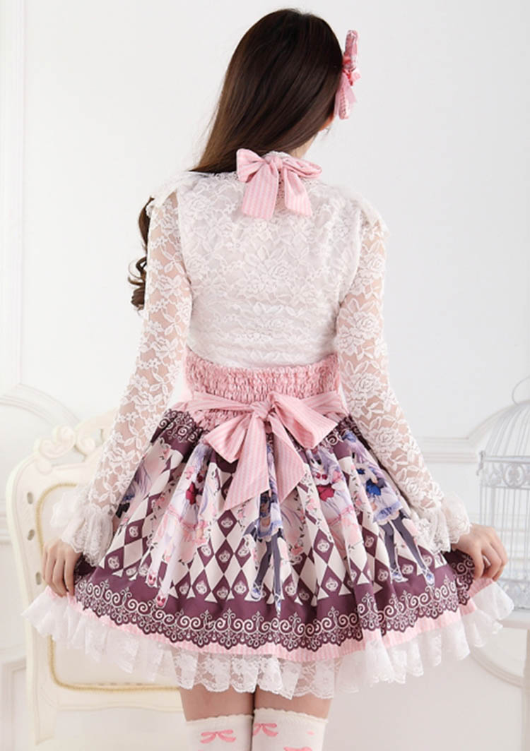 Sweet Lace Print Pink Rose High Waist Twins Sweet Lolita Dress JSK