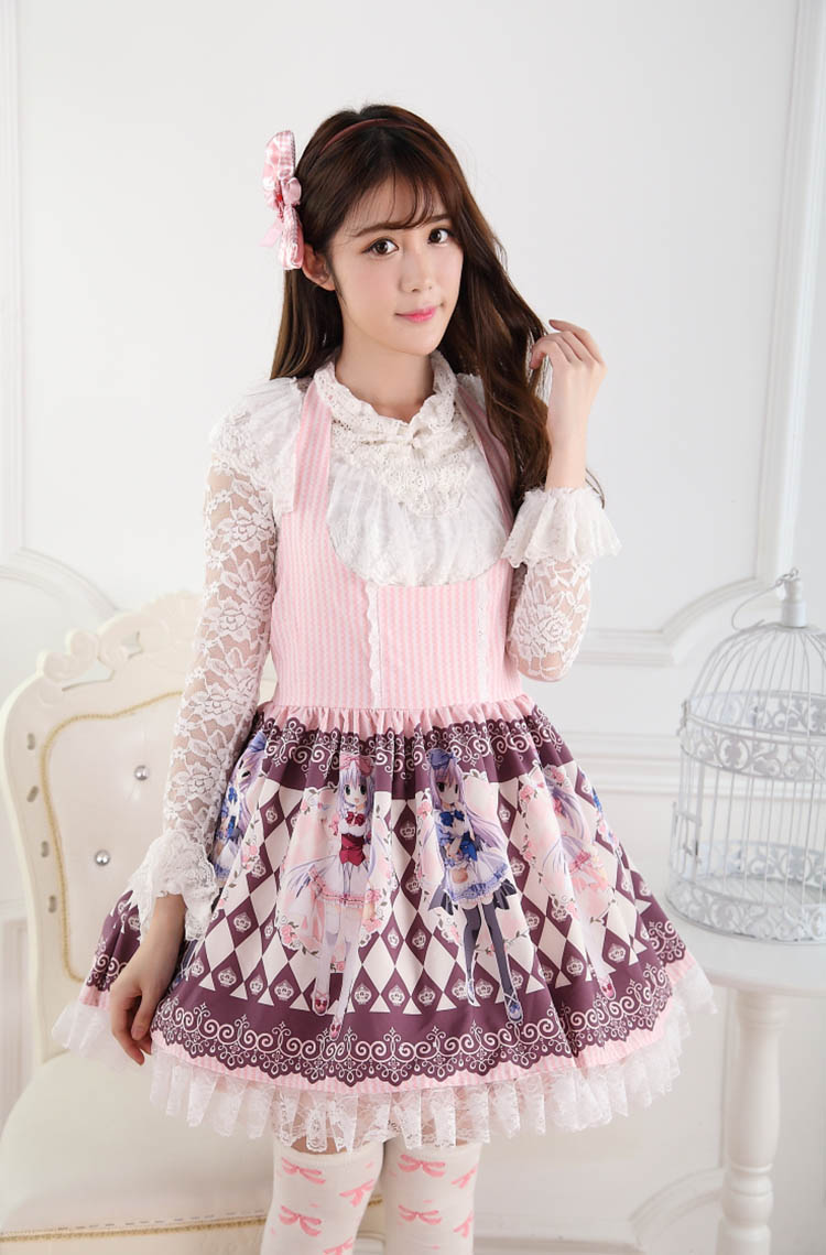 Sweet Lace Print Pink Rose High Waist Twins Sweet Lolita Dress JSK