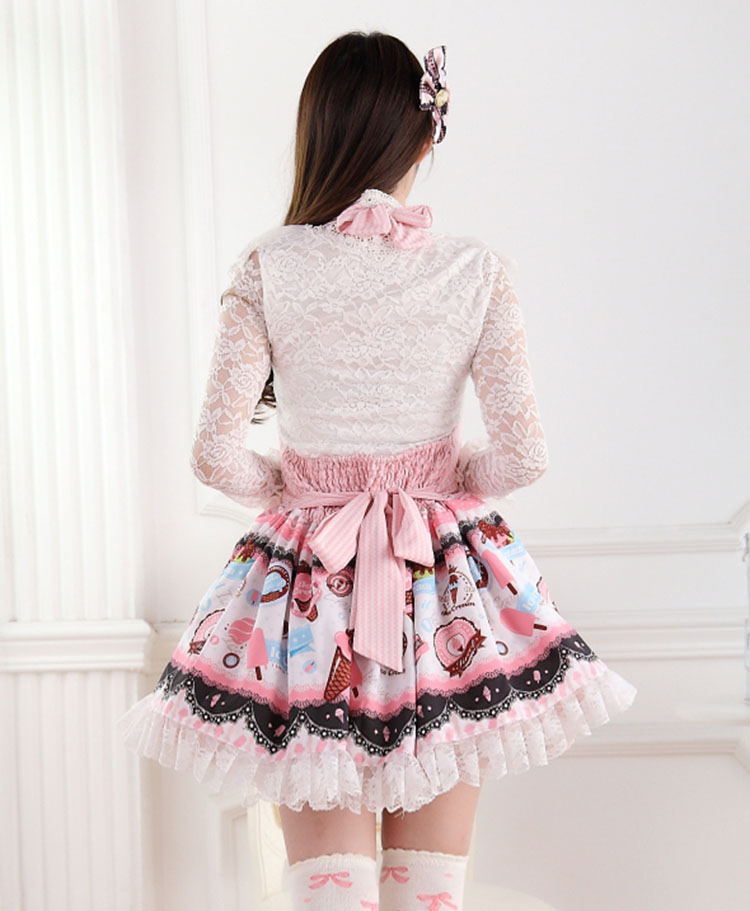 Sweet Lace Princess Strap Pink Ice Cream High Waist Print Sweet Lolita Dress JSK