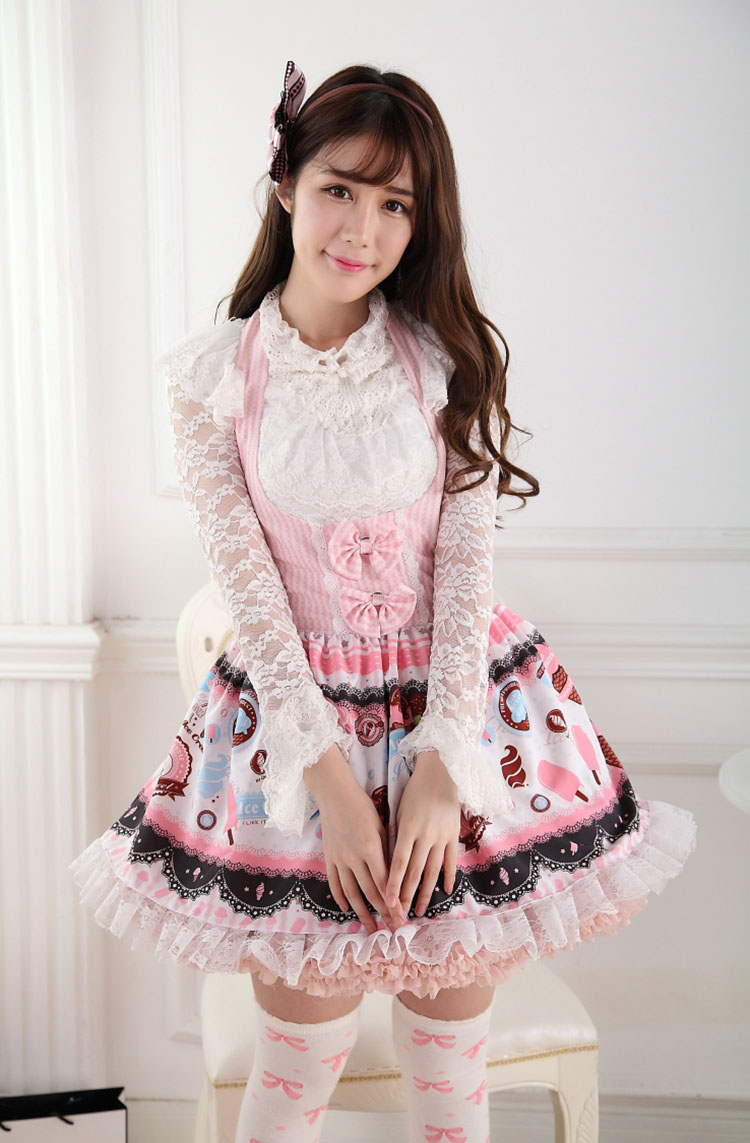 Sweet Lace Princess Strap Pink Ice Cream High Waist Print Sweet Lolita Dress JSK