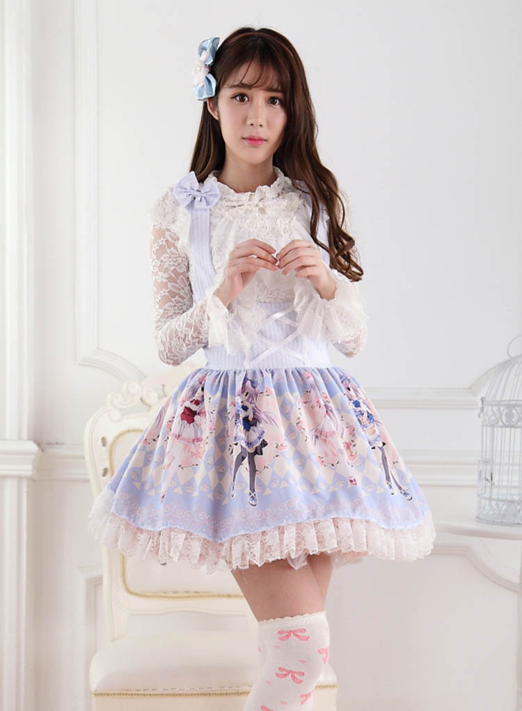 Cheap Sweet Lace Princess Strap Blue Rose Print Twins High Waist Sweet ...