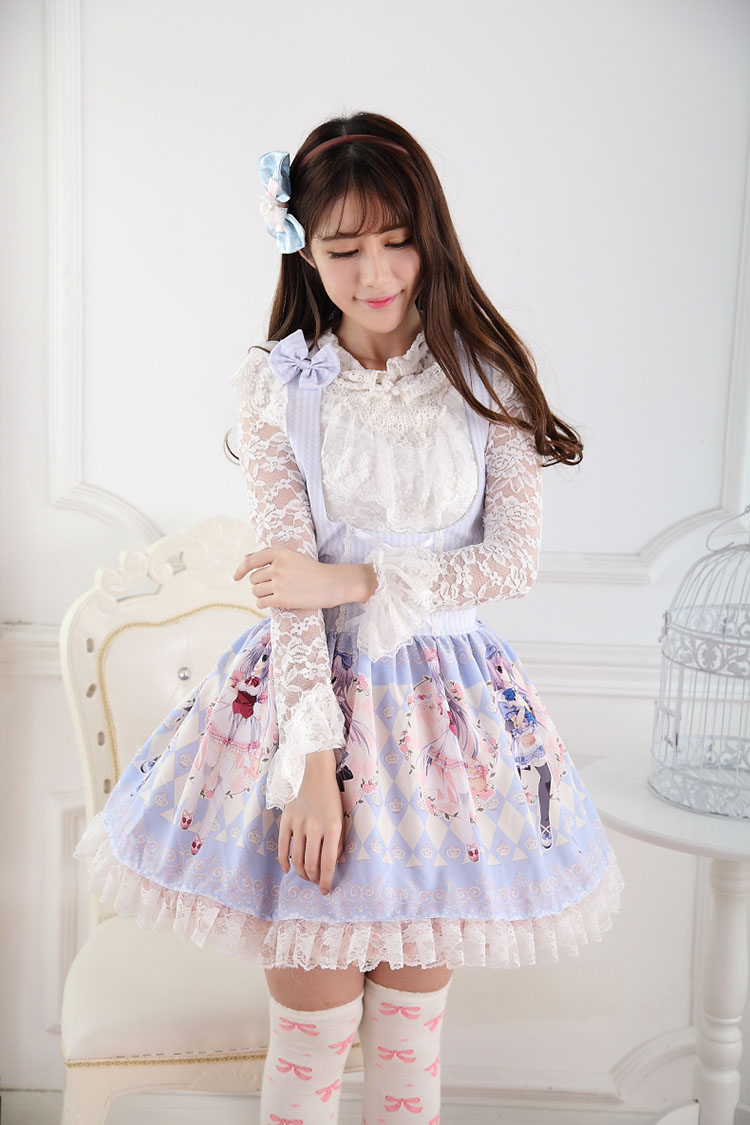 Sweet Lace Princess Strap Blue Rose Print Twins High Waist Sweet Lolita Dress JSK