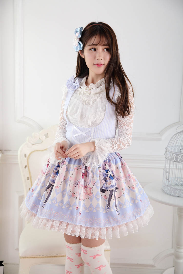 Sweet Lace Princess Strap Blue Rose Print Twins High Waist Sweet Lolita Dress JSK