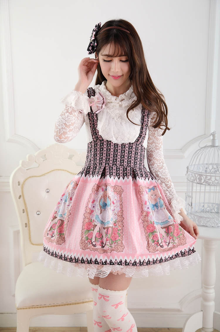 Sweet Lace Princess Strap Alice Rose Print Sweet Lolita Dress JSK