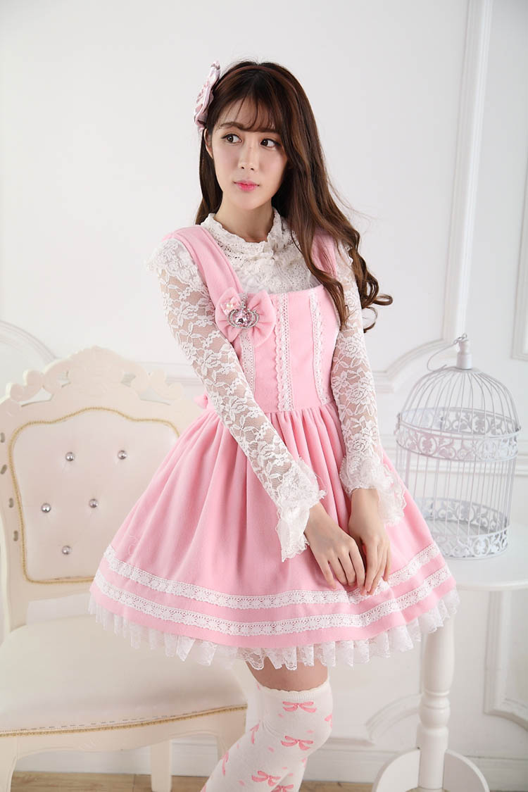 Sweet Lace Princess Pink Bow Print Sweet Lolita Dress JSK