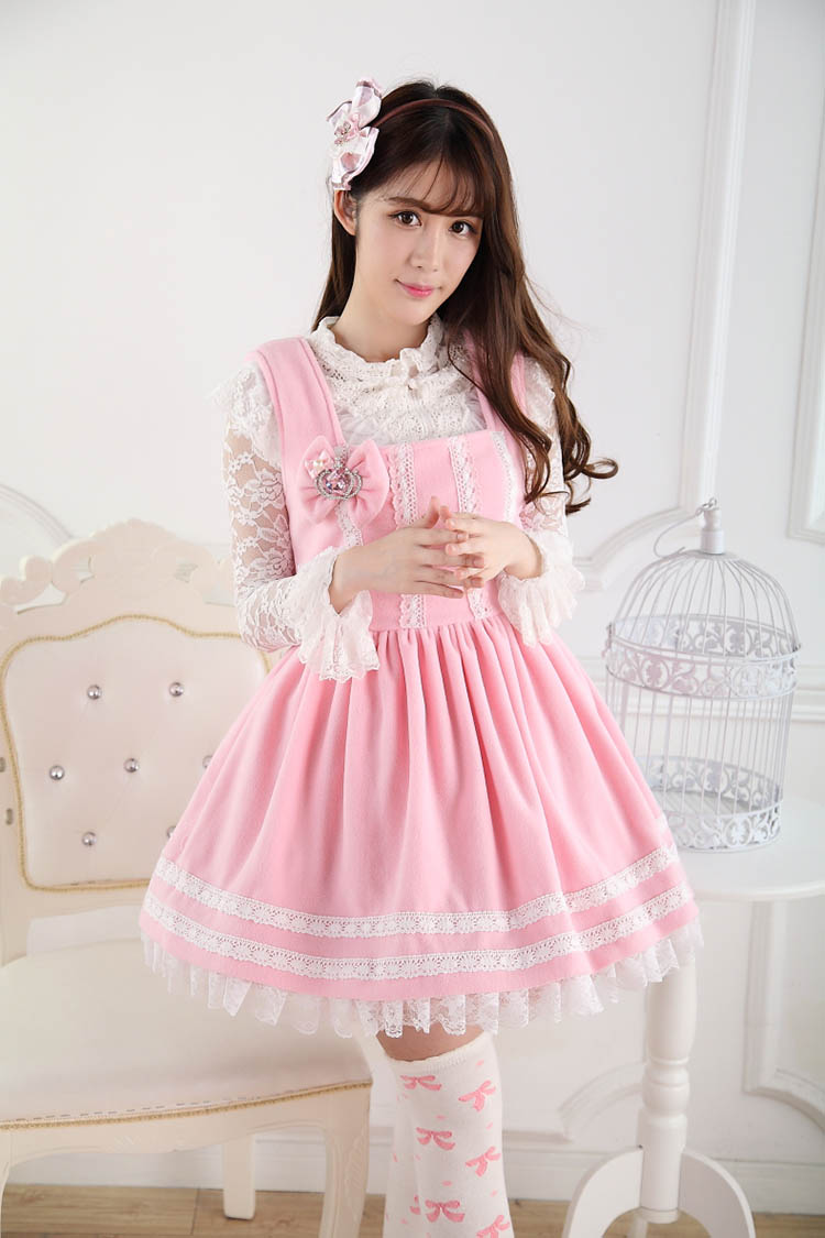 Sweet Lace Princess Pink Bow Print Sweet Lolita Dress JSK